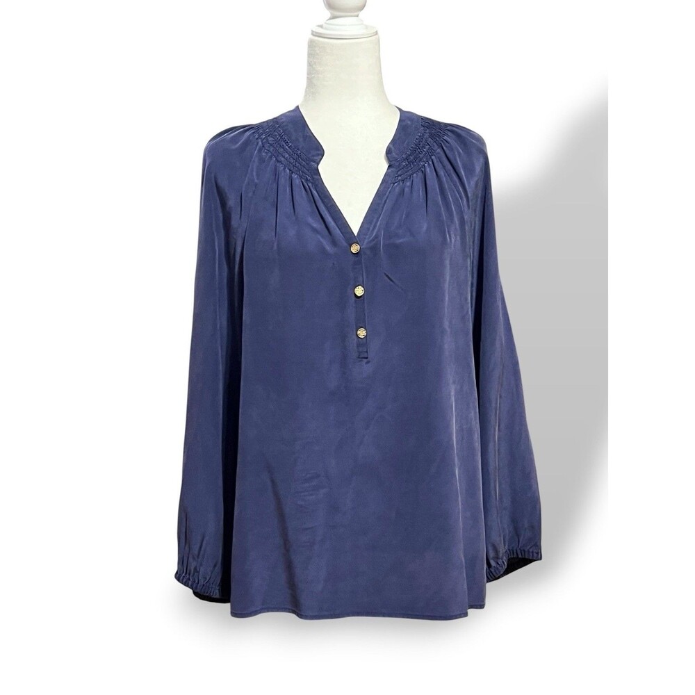 Lilly Pulitzer Elsa Top True Navy Blue Long Sleeve Silk Blouse Women’s Medium